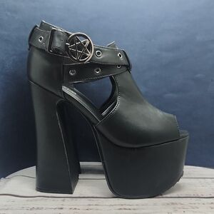 Killstar Platform Peep Toe Heels Black Leather Size 7